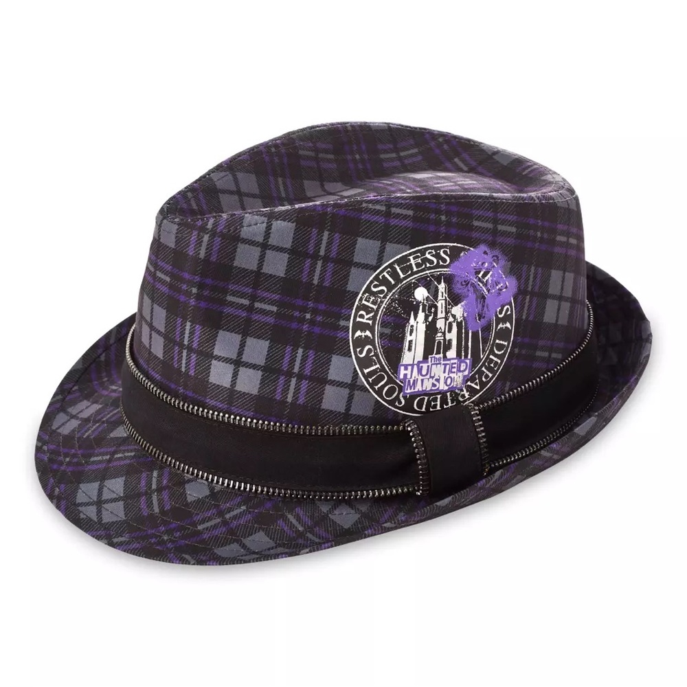 Disney Purple Plaid Fedora Hat with Haunted Mansion Patch